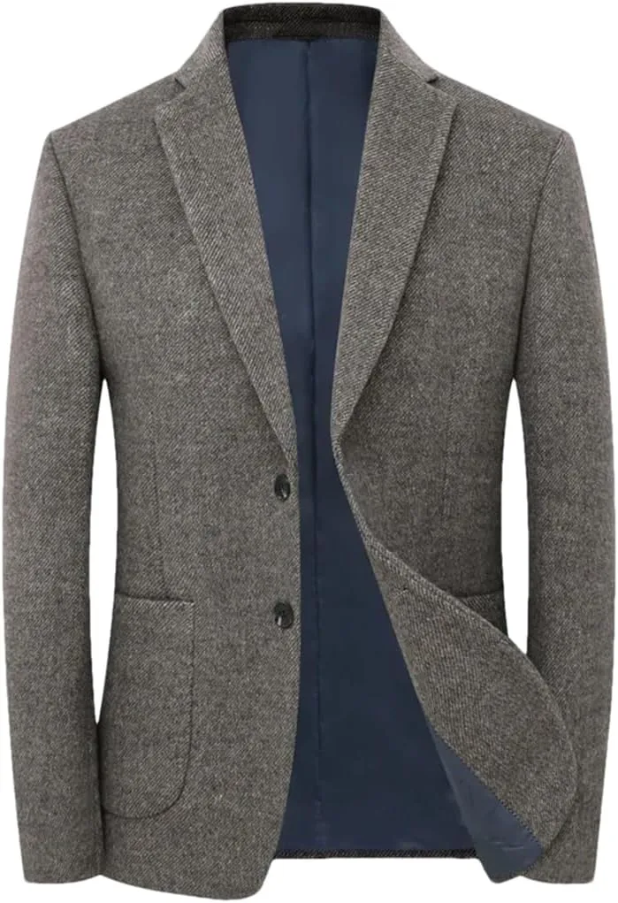 Men’S Solid Double Breasted Notched Collar Long Sleeve Regular Length Casual Wool Blend Suit Jacket