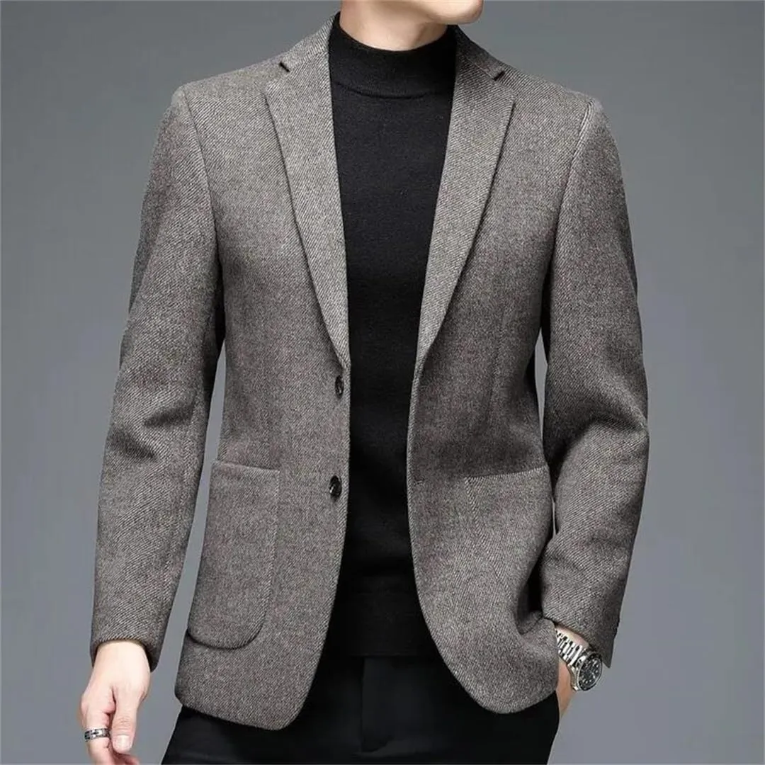 Men’S Solid Double Breasted Notched Collar Long Sleeve Regular Length Casual Wool Blend Suit Jacket
