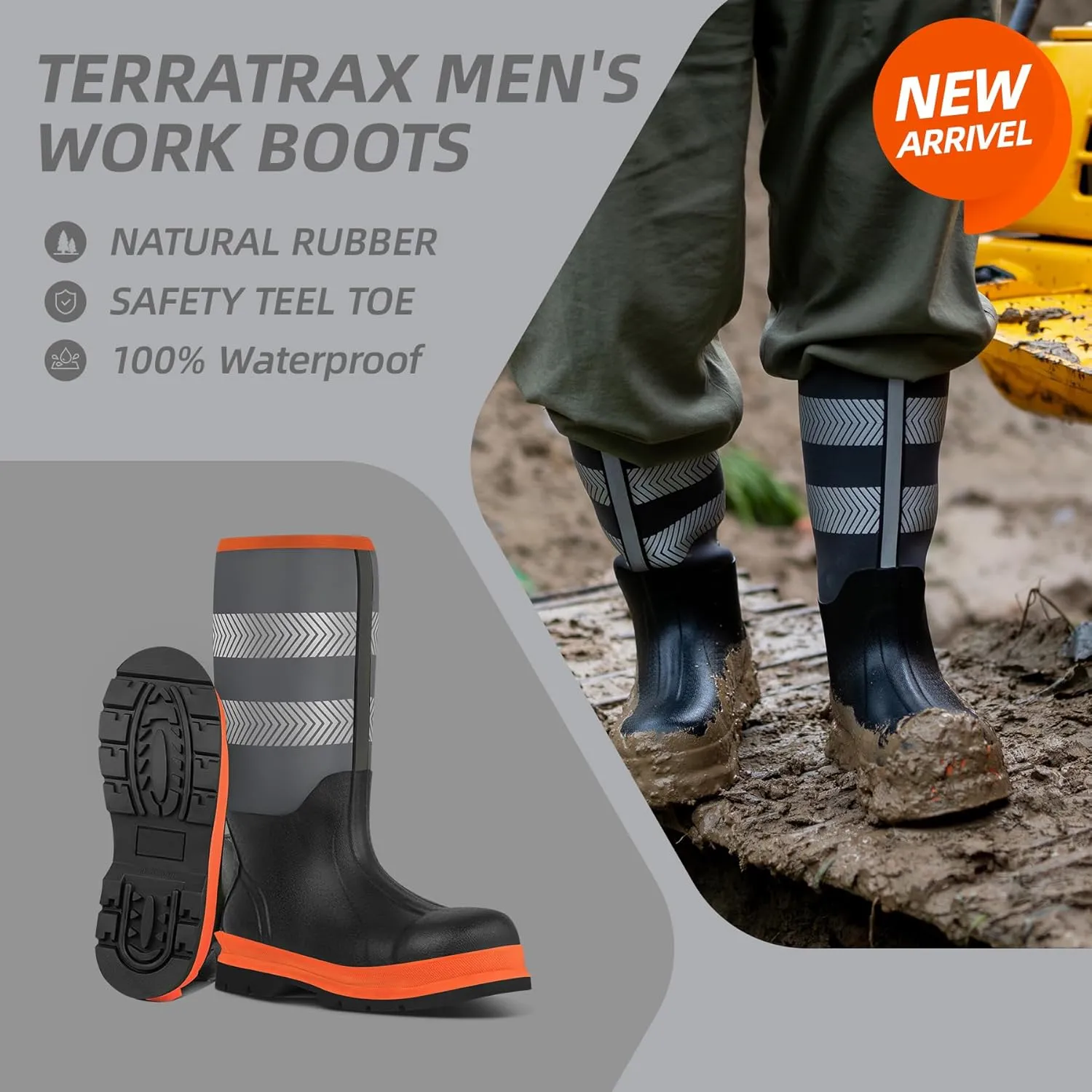Men's Steel Toe Muck Work Boots – Reflective, Puncture Proof, Oil & Slip Resistant, Rubber & Neoprene, Breathable Safety Boots for Construction, Roadwork, Industrial & Heavy Duty