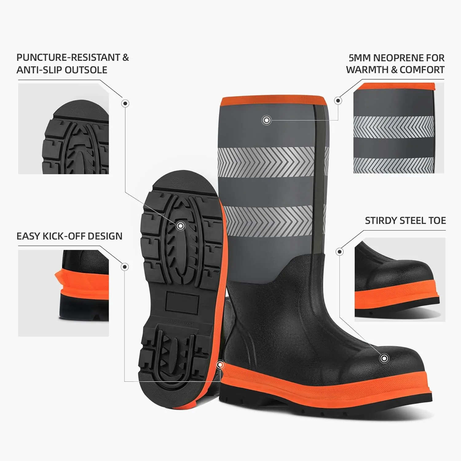 Men's Steel Toe Muck Work Boots – Reflective, Puncture Proof, Oil & Slip Resistant, Rubber & Neoprene, Breathable Safety Boots for Construction, Roadwork, Industrial & Heavy Duty