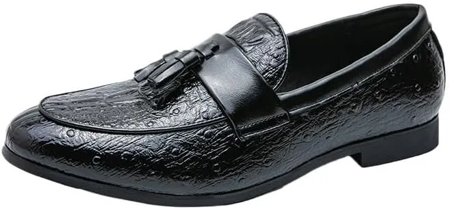 Men's Vegan Leather Loafers - Burnished Crocodile Print Tassel Detail Flexible & Anti-Slip Slip-Ons for Comfortable Party and Fashion Wear