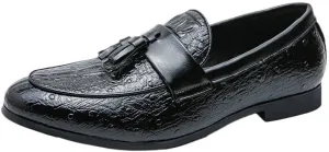 Men's Vegan Leather Loafers - Burnished Crocodile Print Tassel Detail Flexible & Anti-Slip Slip-Ons for Comfortable Party and Fashion Wear