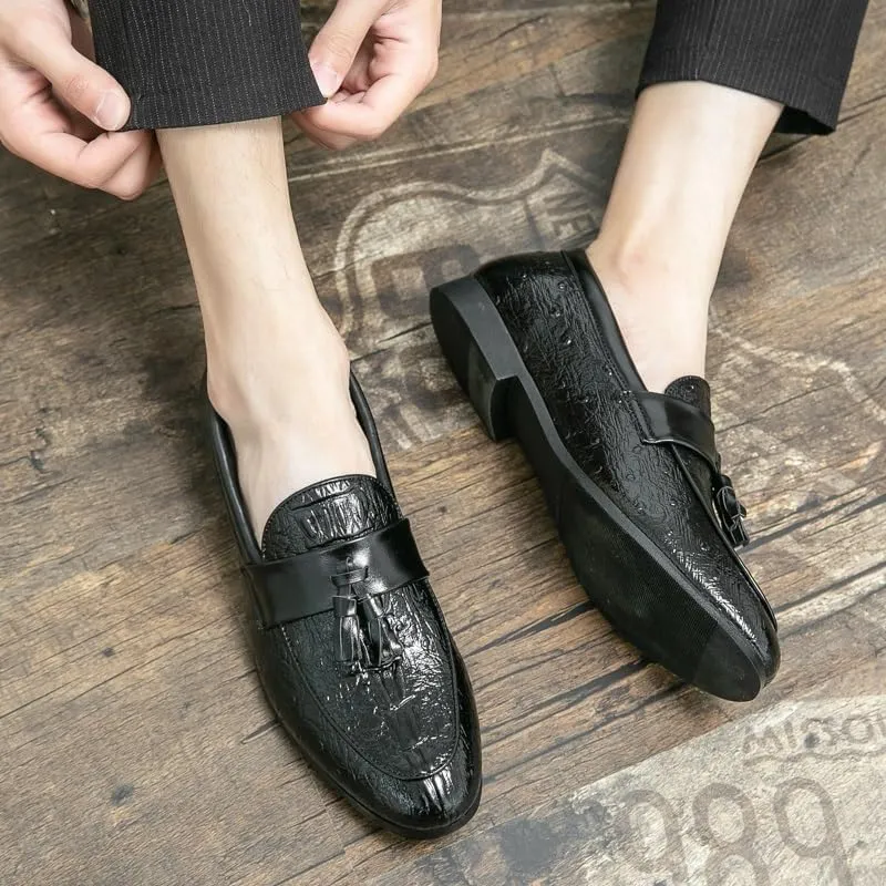 Men's Vegan Leather Loafers - Burnished Crocodile Print Tassel Detail Flexible & Anti-Slip Slip-Ons for Comfortable Party and Fashion Wear