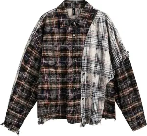 Mens Vintage Distressed Plaid Shirt Tie Dyed Ripped Color Block Patchwork Long Sleeve Shirts Coat