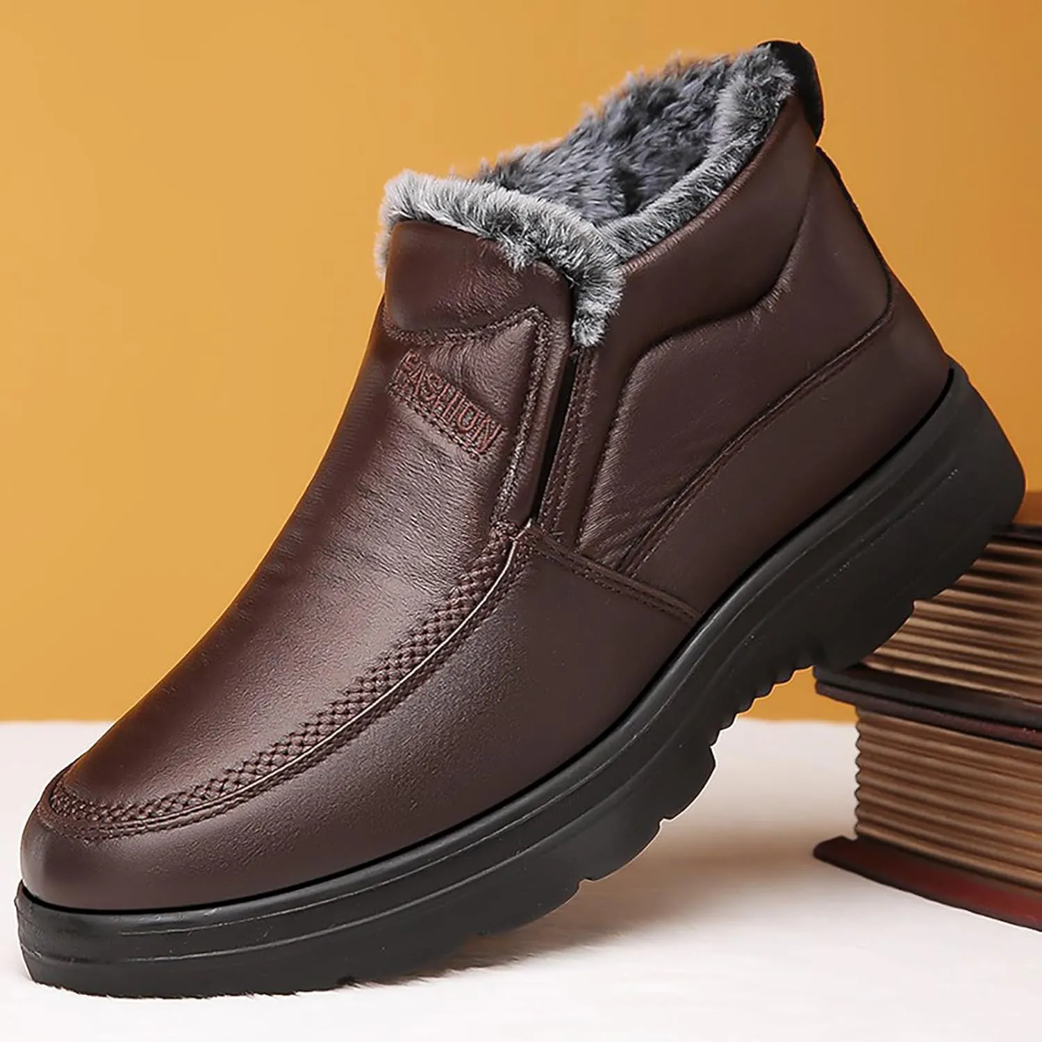 Men's Waterproof Thickened Warm Fur Lined Winter Boots,Outdoor Anti-Slip Middle-Aged and Elderly Comfortable Slip-on Snow Booties High Top Thick Sole Cotton Shoes