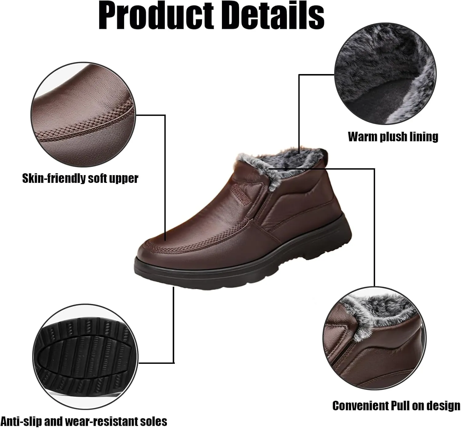 Men's Waterproof Thickened Warm Fur Lined Winter Boots,Outdoor Anti-Slip Middle-Aged and Elderly Comfortable Slip-on Snow Booties High Top Thick Sole Cotton Shoes