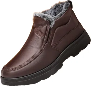 Men's Waterproof Thickened Warm Fur Lined Winter Boots,Outdoor Anti-Slip Middle-Aged and Elderly Comfortable Slip-on Snow Booties High Top Thick Sole Cotton Shoes