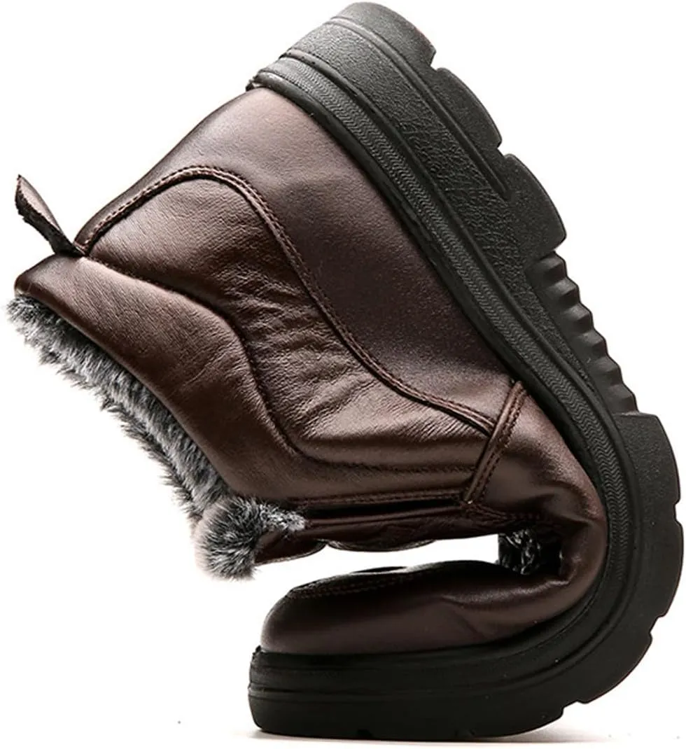 Men's Waterproof Thickened Warm Fur Lined Winter Boots,Outdoor Anti-Slip Middle-Aged and Elderly Comfortable Slip-on Snow Booties High Top Thick Sole Cotton Shoes