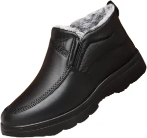 Men's Waterproof Thickened Warm Fur Lined Winter Boots,Outdoor Anti-Slip Middle-Aged and Elderly Comfortable Slip-on Snow Booties High Top Thick Sole Cotton Shoes