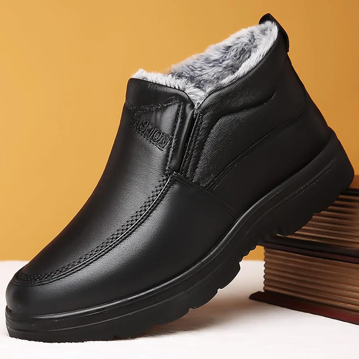 Men's Waterproof Thickened Warm Fur Lined Winter Boots,Outdoor Anti-Slip Middle-Aged and Elderly Comfortable Slip-on Snow Booties High Top Thick Sole Cotton Shoes