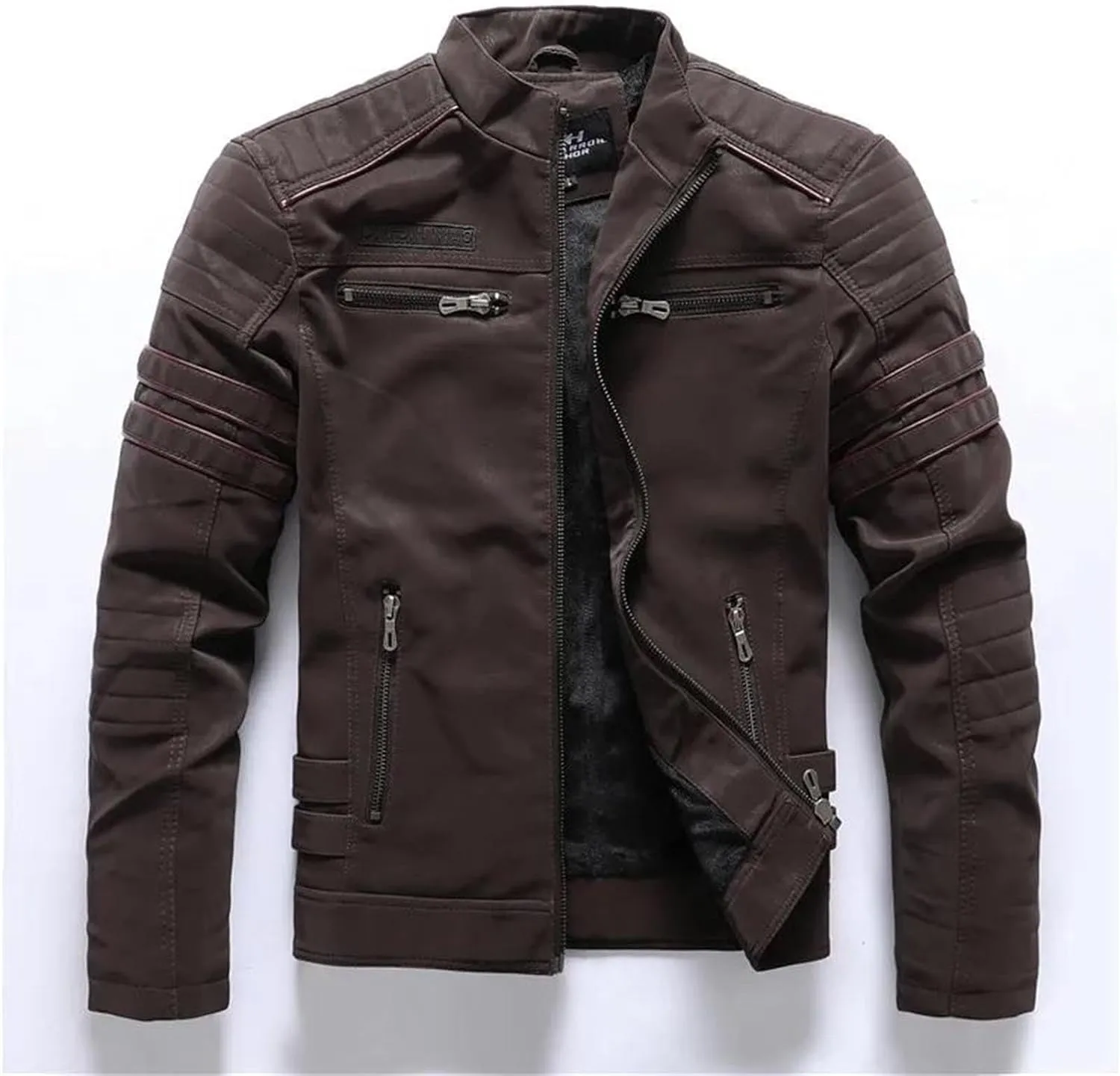 Men's Winter Motorcycle PU Leather Jacket Vintage Fleece Warm Multi-Pocket Leather Coat Zipper Fall Outwear