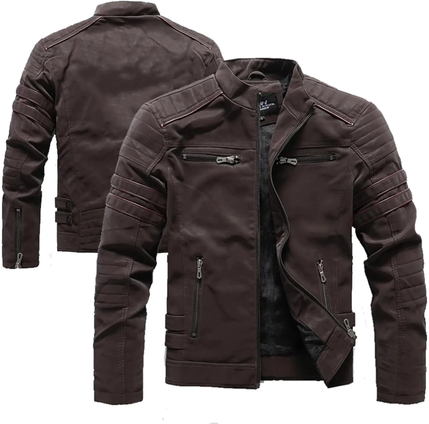 Men's Winter Motorcycle PU Leather Jacket Vintage Fleece Warm Multi-Pocket Leather Coat Zipper Fall Outwear