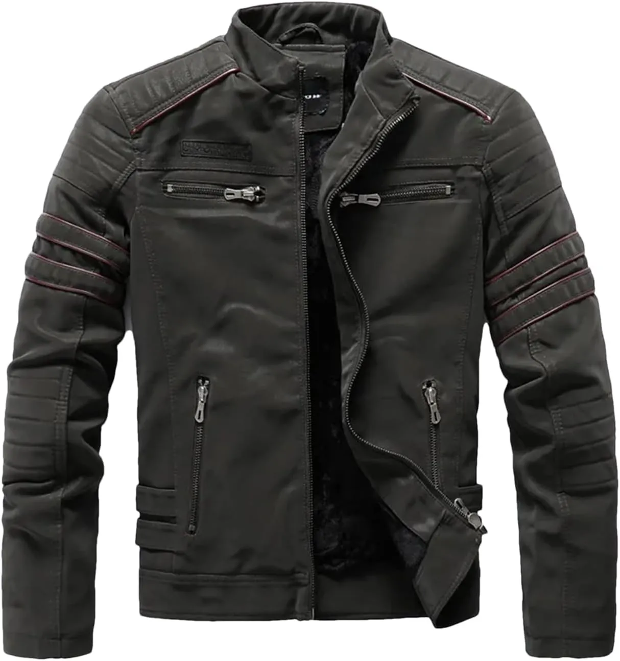 Men's Winter Motorcycle PU Leather Jacket Vintage Fleece Warm Multi-Pocket Leather Coat Zipper Fall Outwear