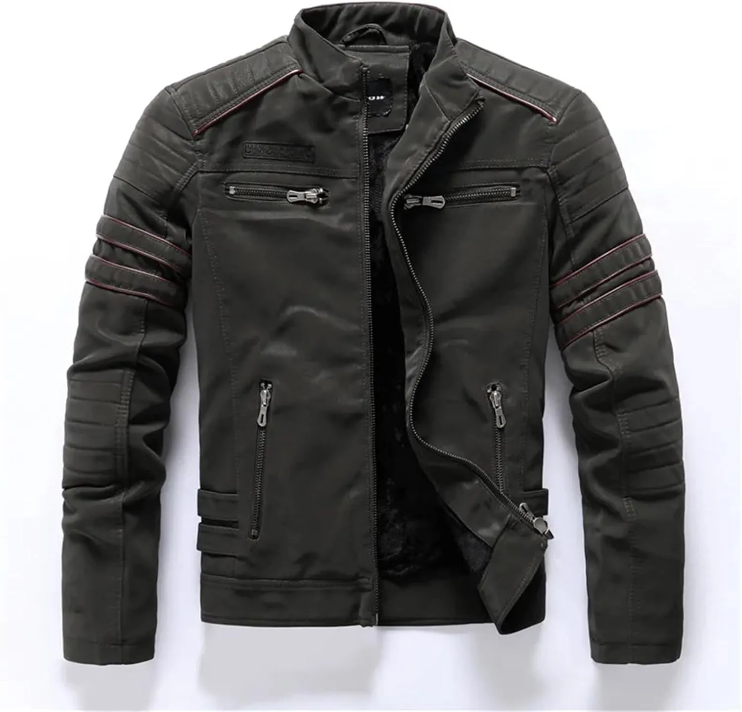 Men's Winter Motorcycle PU Leather Jacket Vintage Fleece Warm Multi-Pocket Leather Coat Zipper Fall Outwear