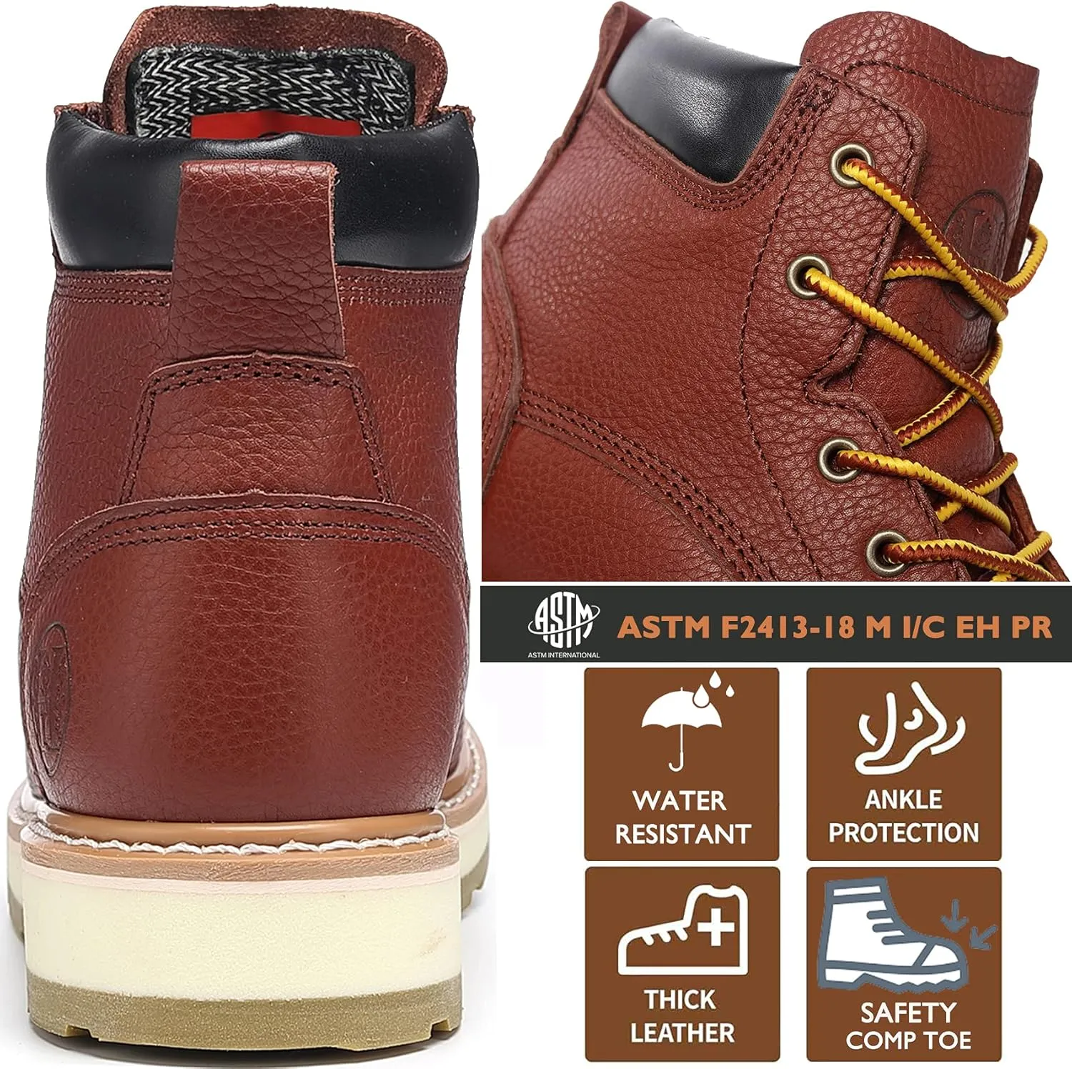Mens work boots, 6" Soft/Composite Toe Heavy Duty Work Boots for Men, Slip & Puncture Resistant Safety EH Wide Working Shoes 2E