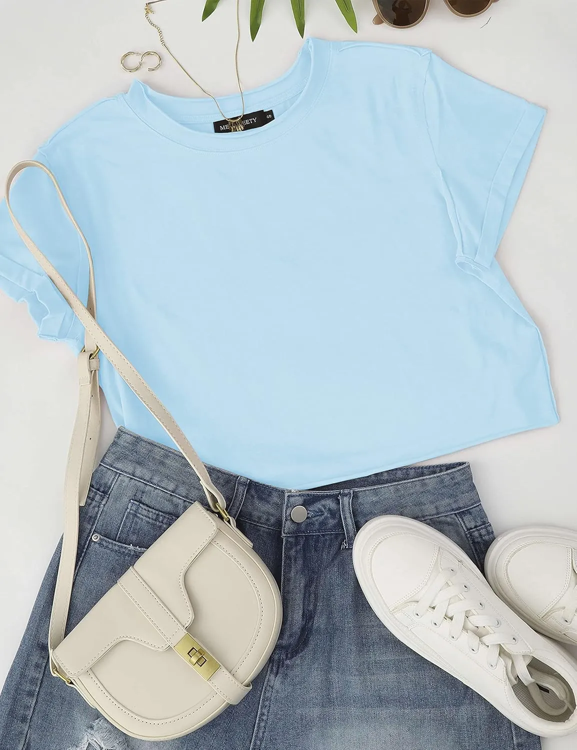 MEROKEETY Womens 2025 Summer Short Sleeve Crewneck Crop Tops Casual Solid T-Shirts