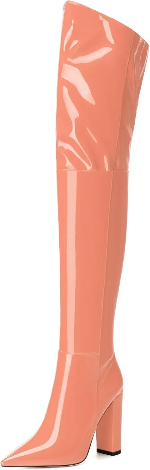 MERRORI Women's Thigh High Boots Pointed Toe 4.3-Inch Chunky Heel Over The Knee Boots Patent Sexy Fashion Side Zipper High Heel Boots
