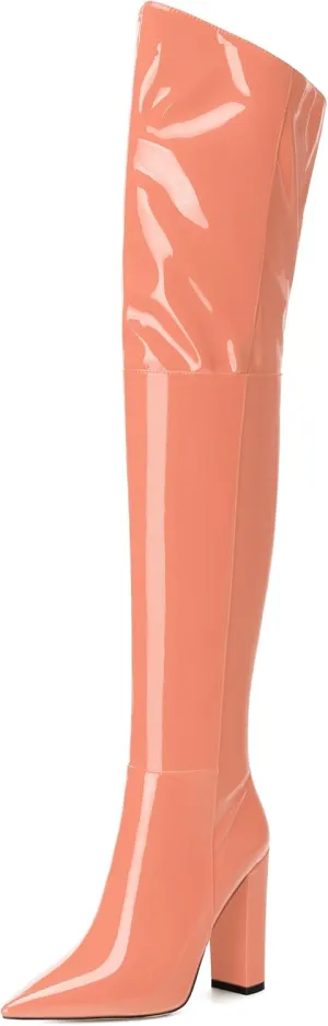 MERRORI Women's Thigh High Boots Pointed Toe 4.3-Inch Chunky Heel Over The Knee Boots Patent Sexy Fashion Side Zipper High Heel Boots