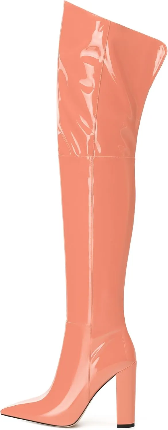 MERRORI Women's Thigh High Boots Pointed Toe 4.3-Inch Chunky Heel Over The Knee Boots Patent Sexy Fashion Side Zipper High Heel Boots