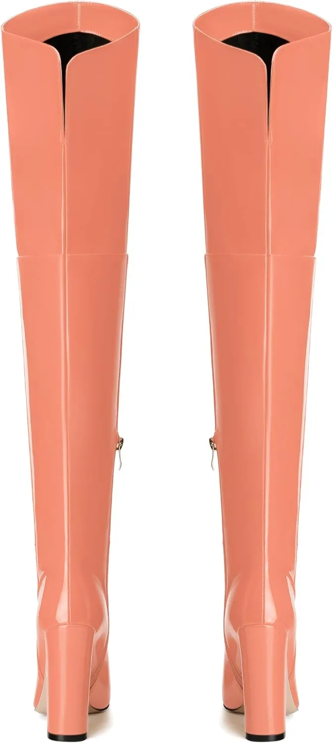 MERRORI Women's Thigh High Boots Pointed Toe 4.3-Inch Chunky Heel Over The Knee Boots Patent Sexy Fashion Side Zipper High Heel Boots
