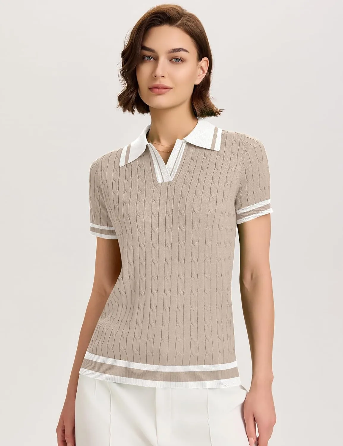 Micoson Womens Short Sleeve Sweater Tops Lapel V Neck Loose Shirts 2025 Summer Cable Knit Business Casual Outfits