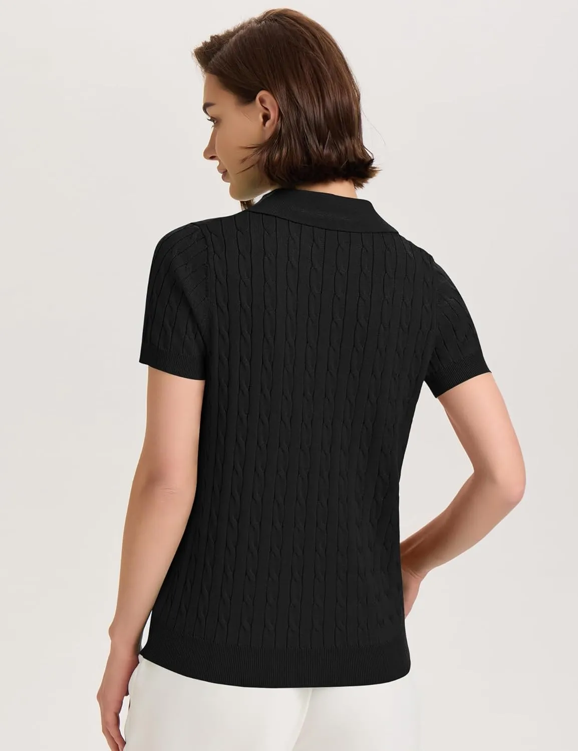 Micoson Womens Short Sleeve Sweater Tops Lapel V Neck Loose Shirts 2025 Summer Cable Knit Business Casual Outfits