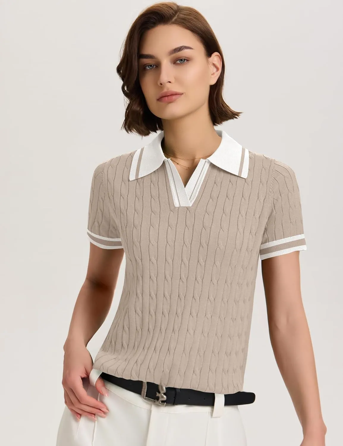Micoson Womens Short Sleeve Sweater Tops Lapel V Neck Loose Shirts 2025 Summer Cable Knit Business Casual Outfits