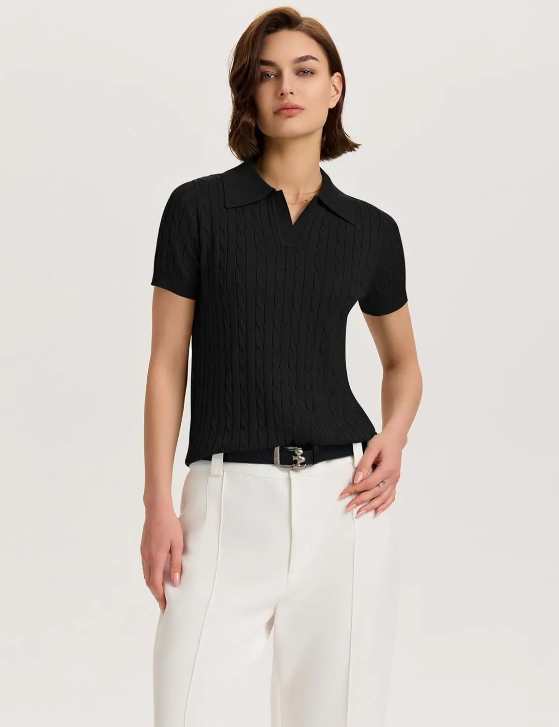 Micoson Womens Short Sleeve Sweater Tops Lapel V Neck Loose Shirts 2025 Summer Cable Knit Business Casual Outfits