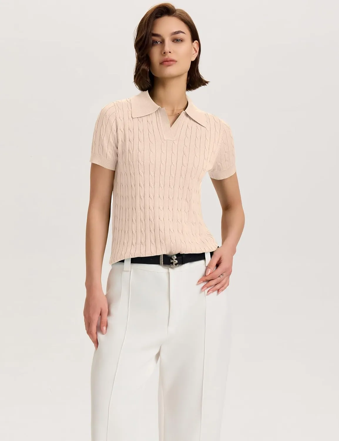 Micoson Womens Short Sleeve Sweater Tops Lapel V Neck Loose Shirts 2025 Summer Cable Knit Business Casual Outfits