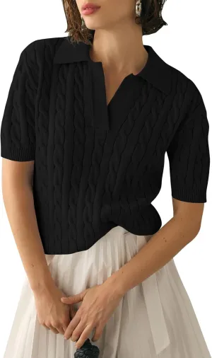 Micoson Womens Short Sleeve Sweater Tops Lapel V Neck Loose Shirts 2025 Summer Cable Knit Business Casual Outfits