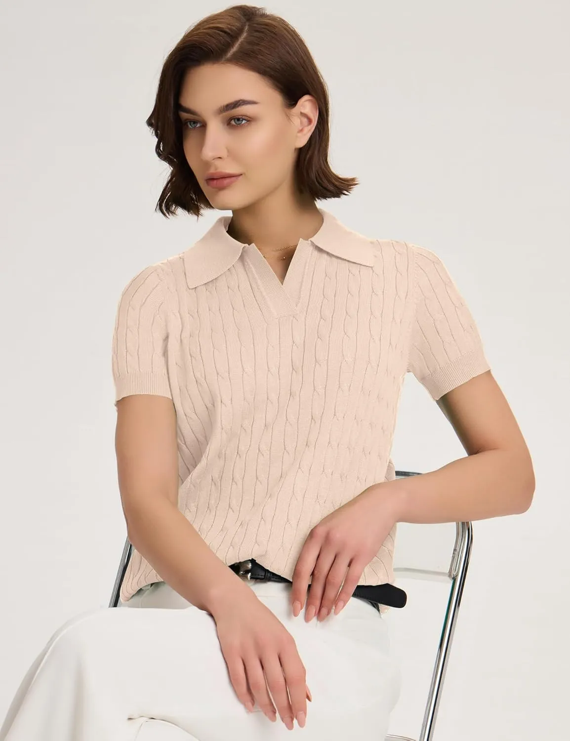 Micoson Womens Short Sleeve Sweater Tops Lapel V Neck Loose Shirts 2025 Summer Cable Knit Business Casual Outfits