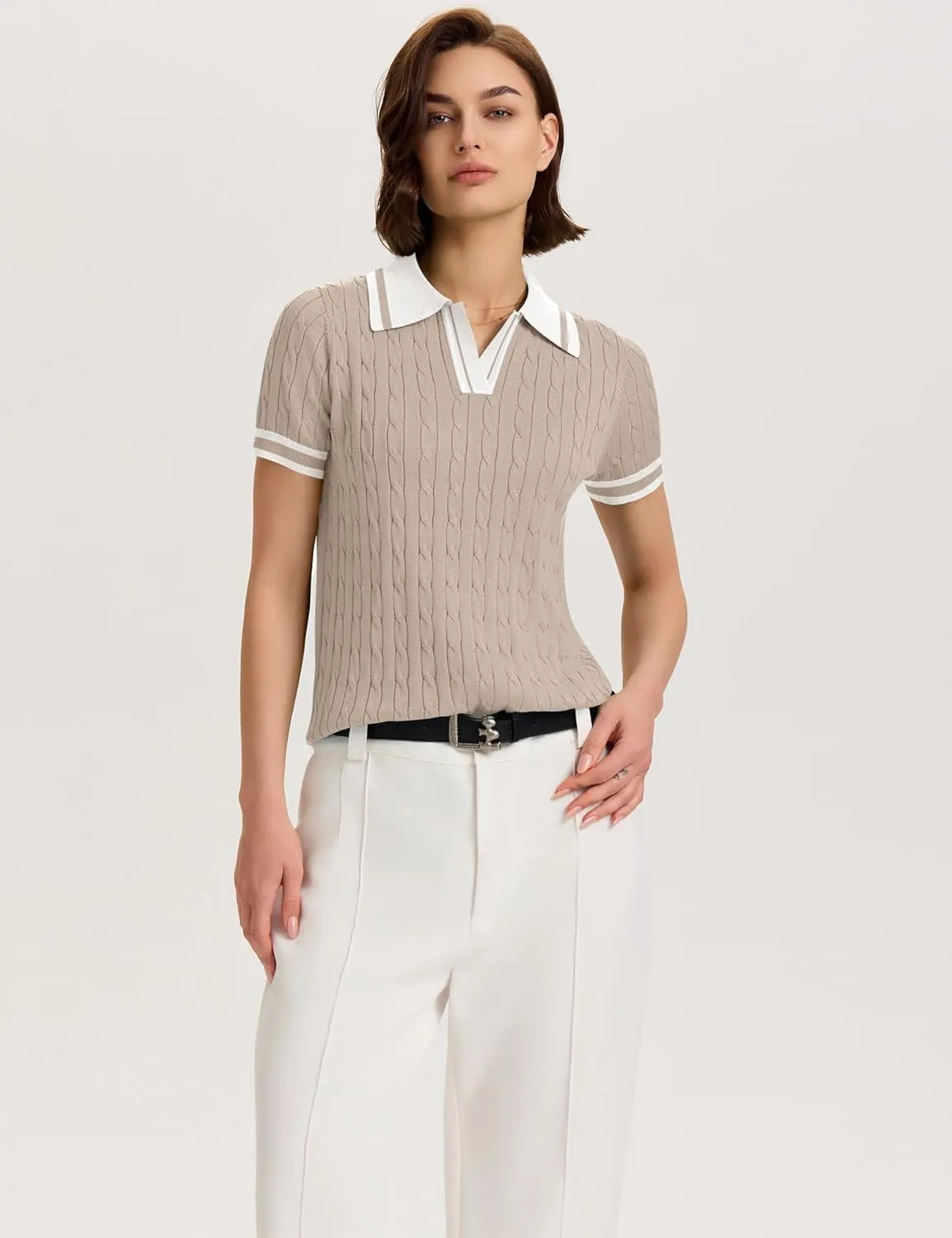 Micoson Womens Short Sleeve Sweater Tops Lapel V Neck Loose Shirts 2025 Summer Cable Knit Business Casual Outfits