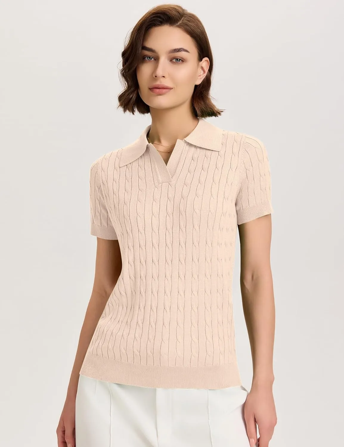 Micoson Womens Short Sleeve Sweater Tops Lapel V Neck Loose Shirts 2025 Summer Cable Knit Business Casual Outfits