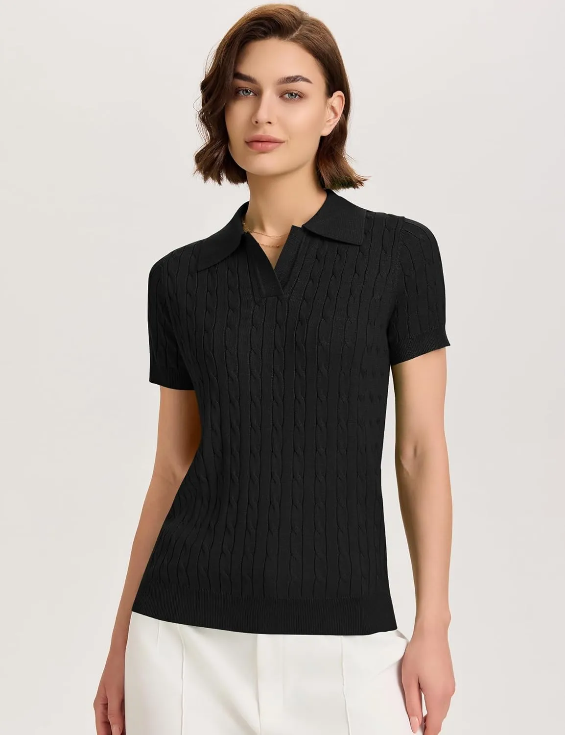 Micoson Womens Short Sleeve Sweater Tops Lapel V Neck Loose Shirts 2025 Summer Cable Knit Business Casual Outfits