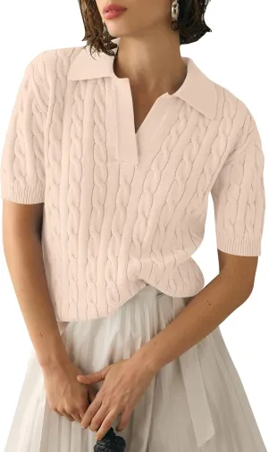 Micoson Womens Short Sleeve Sweater Tops Lapel V Neck Loose Shirts 2025 Summer Cable Knit Business Casual Outfits