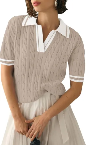 Micoson Womens Short Sleeve Sweater Tops Lapel V Neck Loose Shirts 2025 Summer Cable Knit Business Casual Outfits
