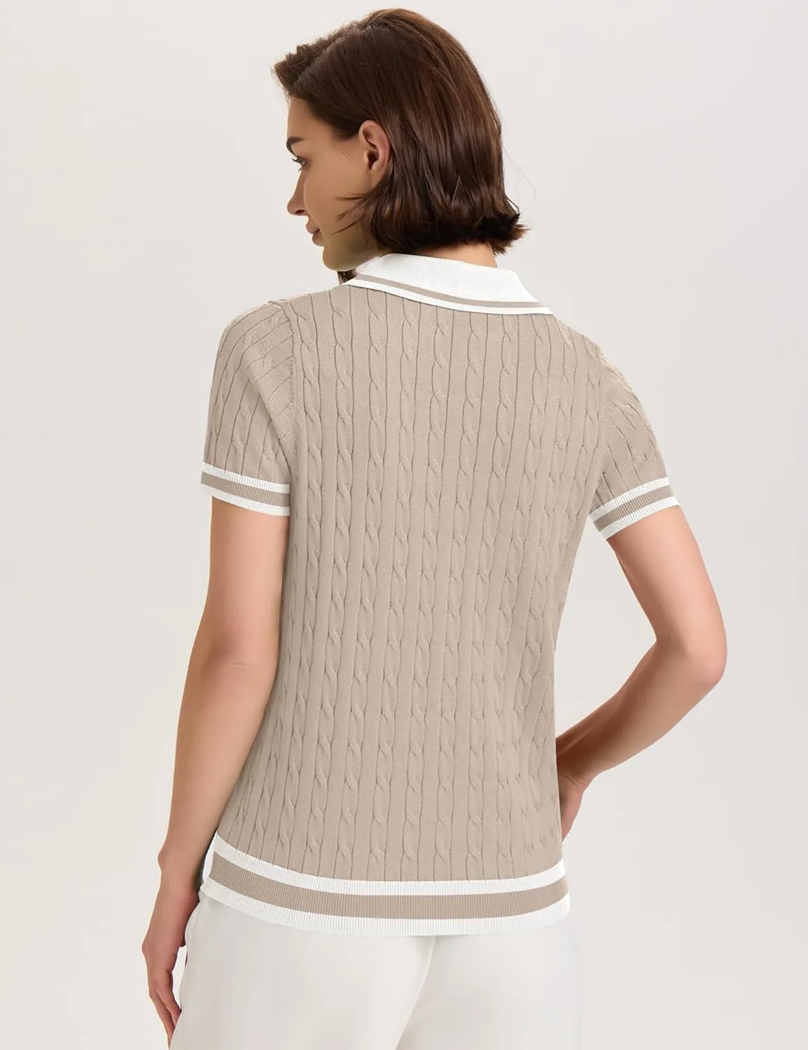 Micoson Womens Short Sleeve Sweater Tops Lapel V Neck Loose Shirts 2025 Summer Cable Knit Business Casual Outfits