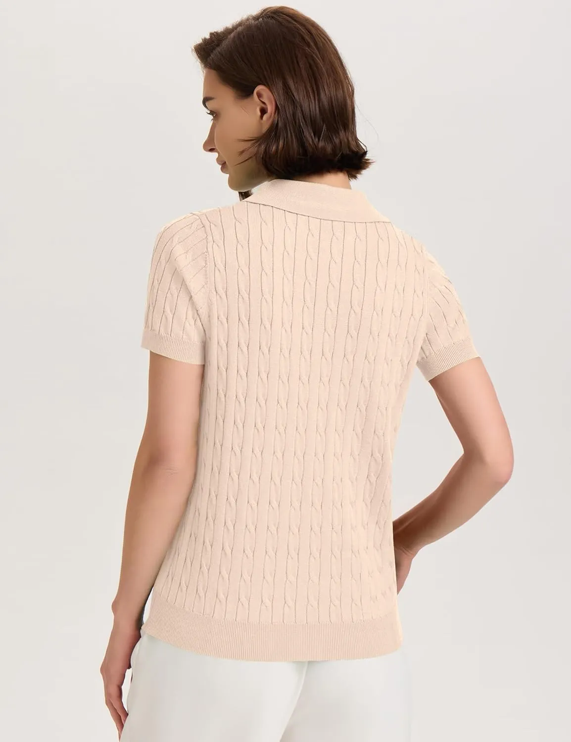 Micoson Womens Short Sleeve Sweater Tops Lapel V Neck Loose Shirts 2025 Summer Cable Knit Business Casual Outfits