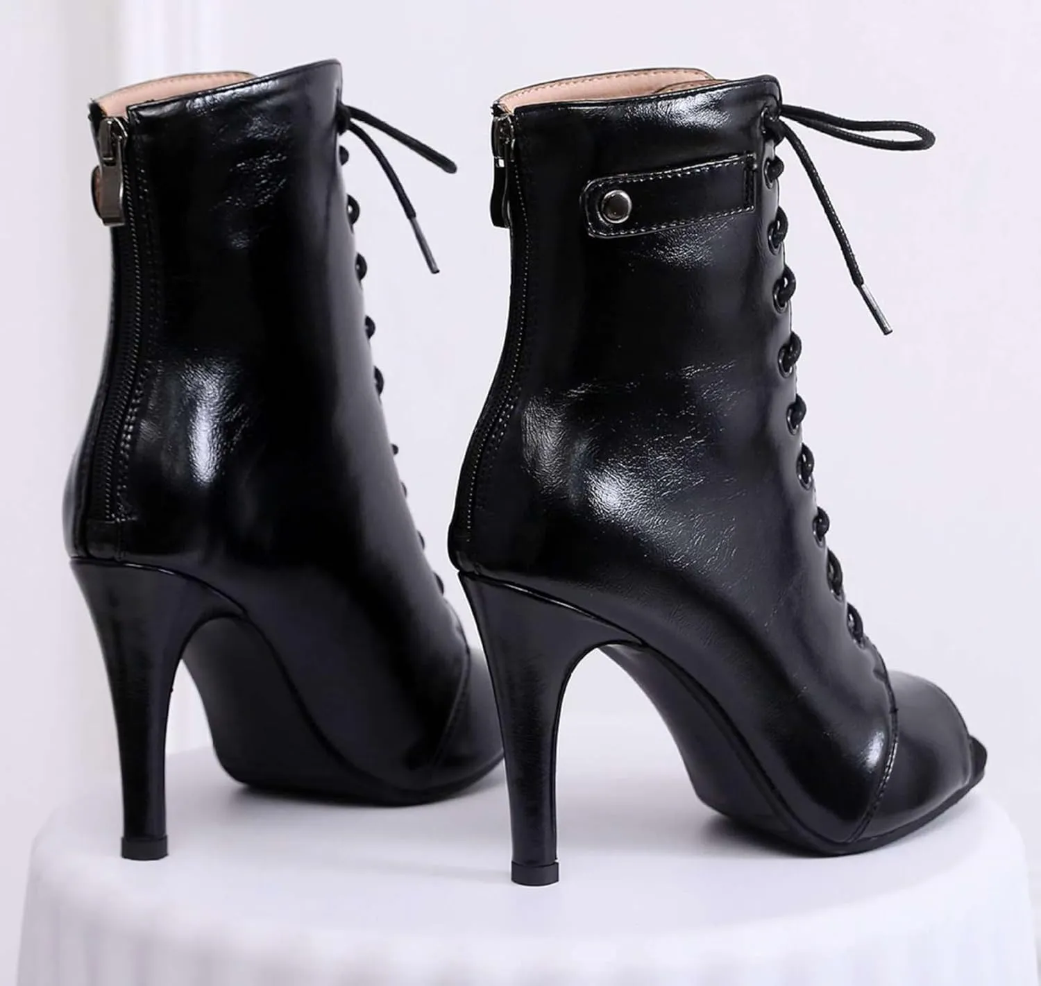 Minishion Dance Booties Heels for Women Peep Toe Lace-up Sexy Ankle Boots Z009