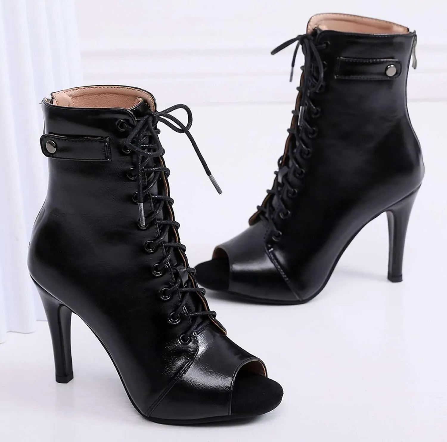 Minishion Dance Booties Heels for Women Peep Toe Lace-up Sexy Ankle Boots Z009