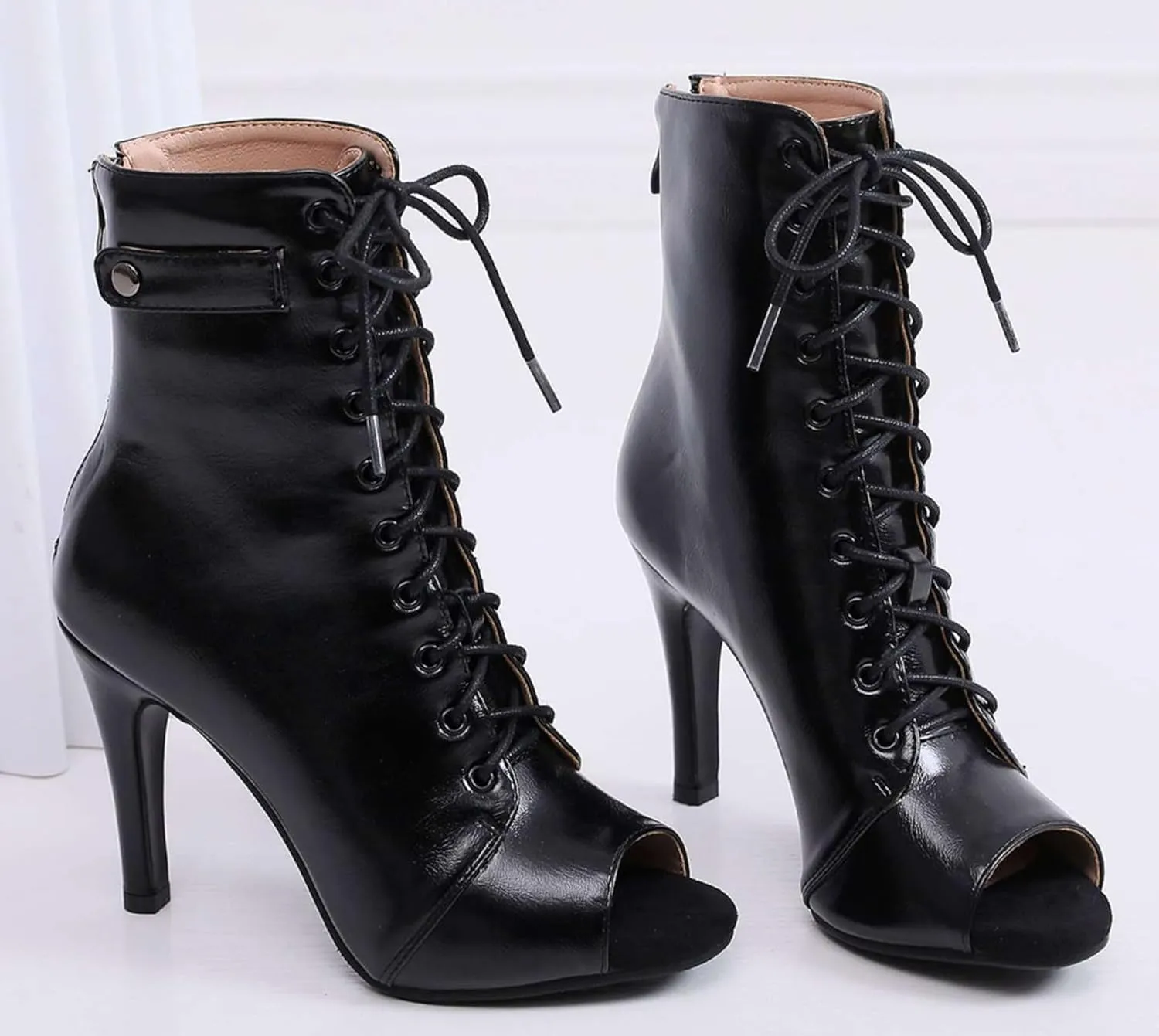 Minishion Dance Booties Heels for Women Peep Toe Lace-up Sexy Ankle Boots Z009