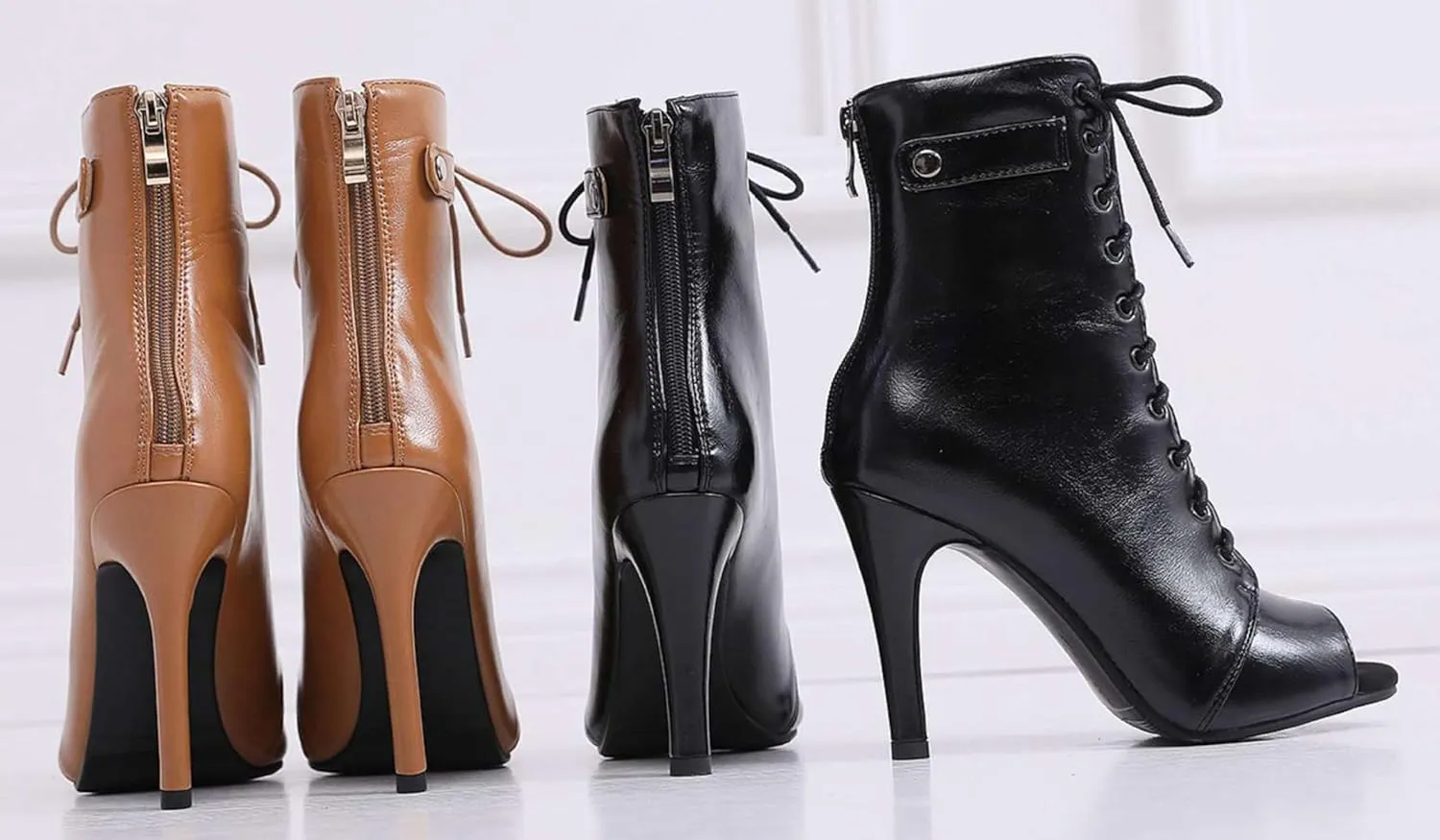 Minishion Dance Booties Heels for Women Peep Toe Lace-up Sexy Ankle Boots Z009