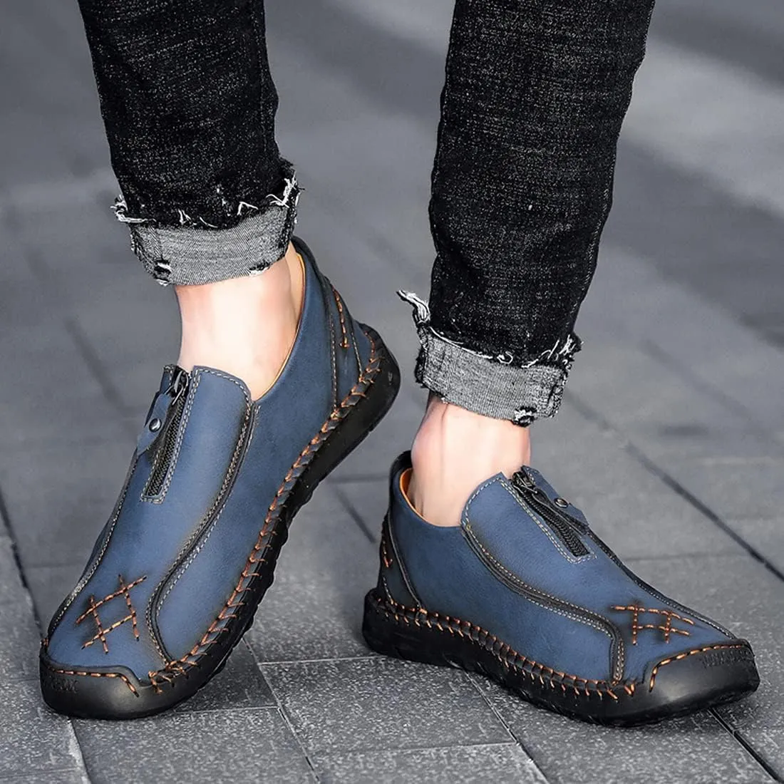Minishion Mens Loafers Outdoor Zip Retro Work Shoes 8812#