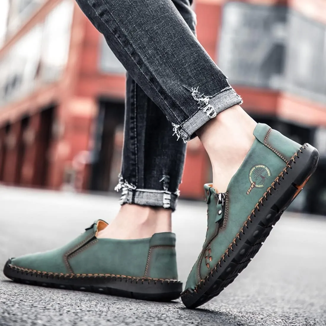 Minishion Mens Loafers Outdoor Zip Retro Work Shoes 8812#