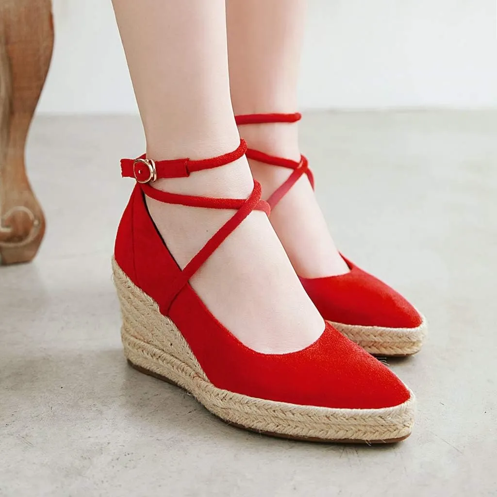 MIOKE Women's Espadrille Wedge Sandals Pointed Toe Ankle Strappy Chunky Platform High Heel Dress Shoes