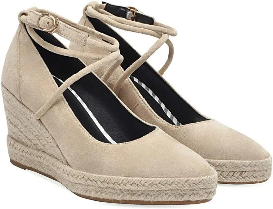 MIOKE Women's Espadrille Wedge Sandals Pointed Toe Ankle Strappy Chunky Platform High Heel Dress Shoes