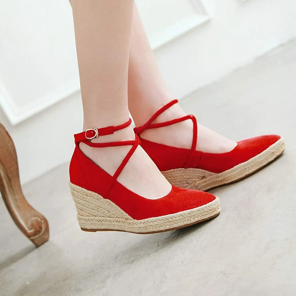 MIOKE Women's Espadrille Wedge Sandals Pointed Toe Ankle Strappy Chunky Platform High Heel Dress Shoes