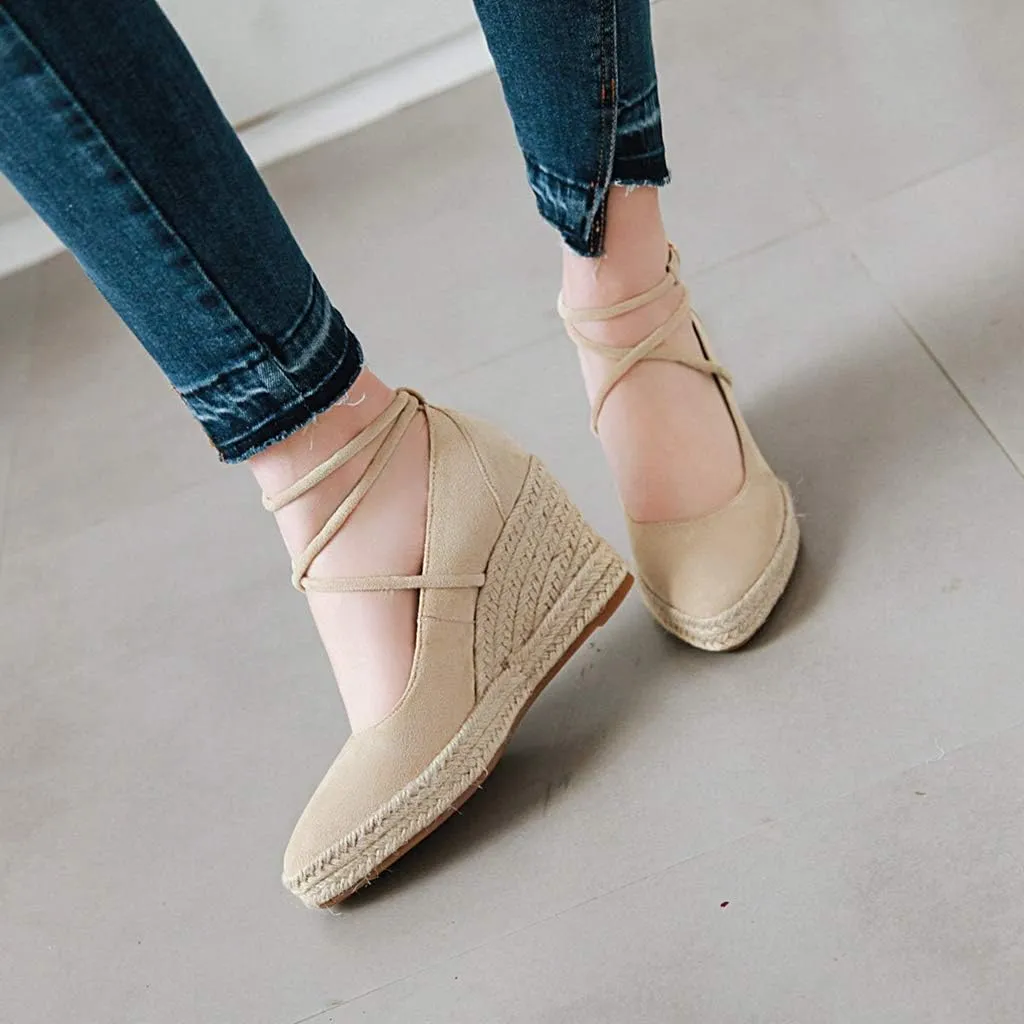 MIOKE Women's Espadrille Wedge Sandals Pointed Toe Ankle Strappy Chunky Platform High Heel Dress Shoes