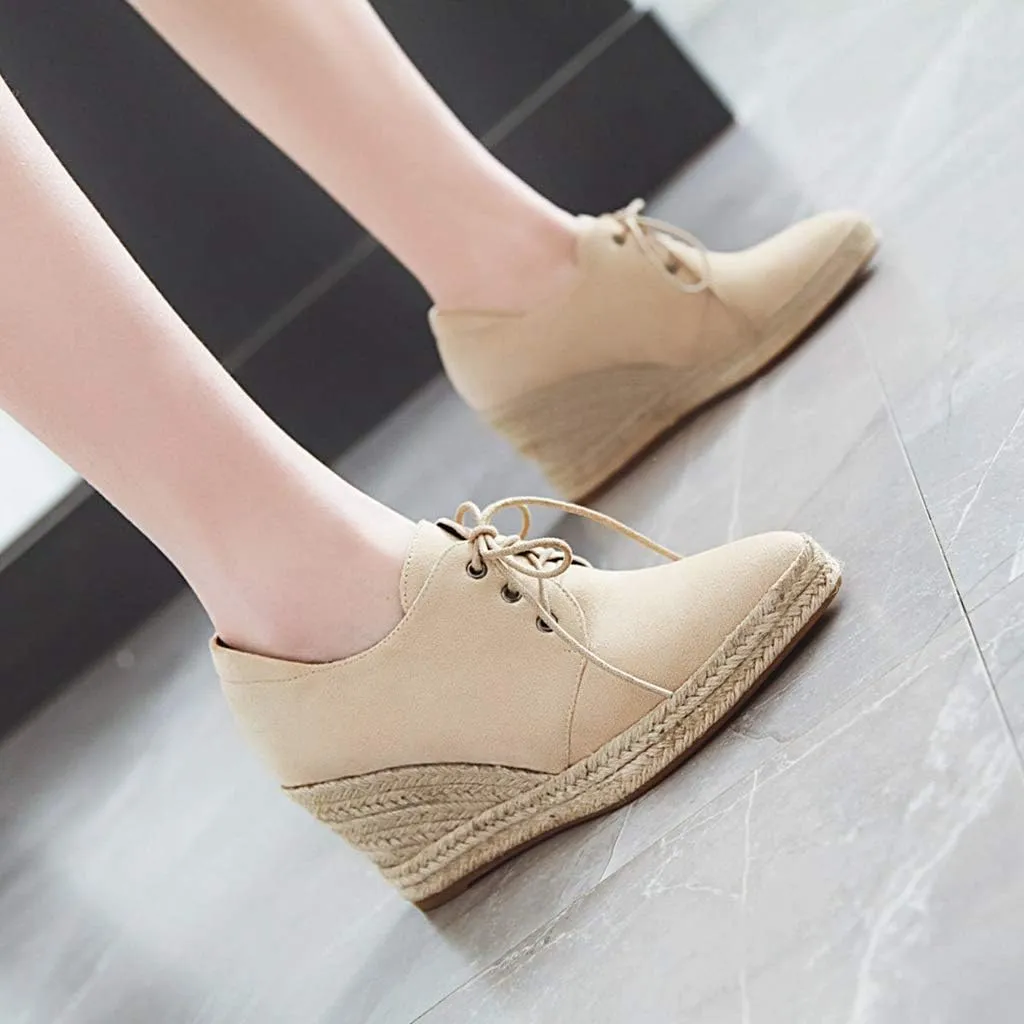 MIOKE Women's Lace Up Espadrilles Wedge Pumps Close Pointed Toe Platform High Heels Casual Sandals Shoes