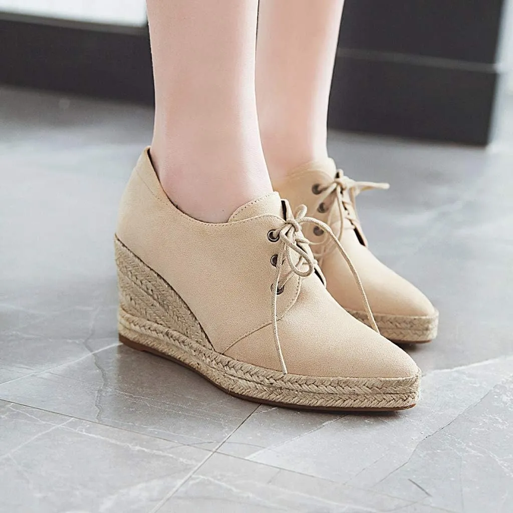 MIOKE Women's Lace Up Espadrilles Wedge Pumps Close Pointed Toe Platform High Heels Casual Sandals Shoes